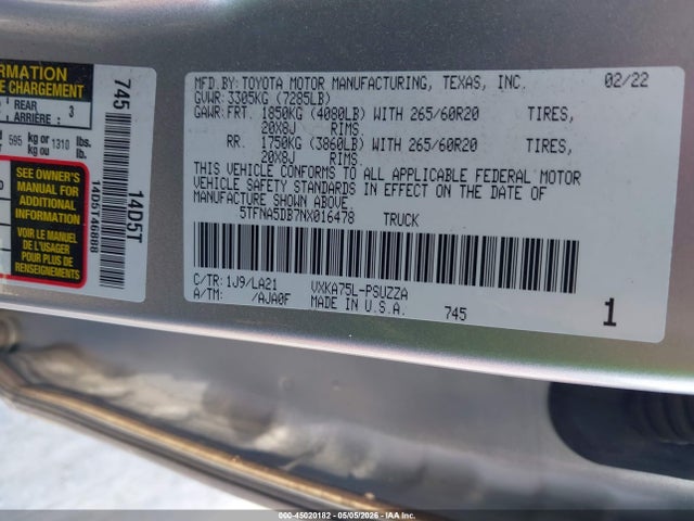 Aukcja sprzedaży 2022 Toyota Tundra Platinum, vin: 5TFNA5DB7NX016478, numer aukcji: 45020182