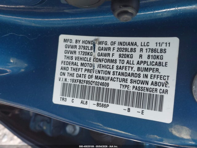 Aukcja sprzedaży 2012 Honda Civic Ex, vin: 19XFB2F85CE024609, numer aukcji: 45020189