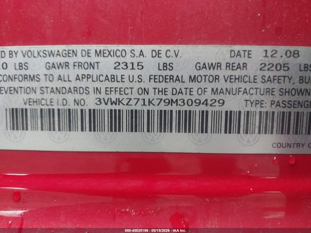 Продаж на аукціоні авто 2009 Volkswagen Jetta 2.5l S, vin: 3VWKZ71K79M309429, номер лоту: 45020196