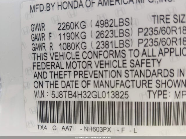 45020204 :رقم المزاد ، 5J8TB4H32GL013825 vin ، 2016 Acura Rdx Acurawatch Plus Package مزاد بيع