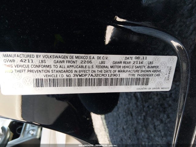 Aukcja sprzedaży 2012 Volkswagen Jetta 2.5l Se, vin: 3VWDP7AJ2CM312901, numer aukcji: 45020208
