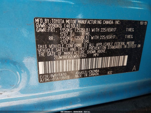 Продаж на аукціоні авто 2020 Toyota Rav4 Xle, vin: 2T3W1RFV2LW061963, номер лоту: 45020211