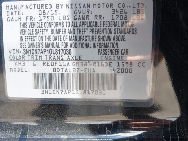 3N1CN7AP1GL817030 Nissan Versa 1.6 S/1.6 S+/1.6 Sl/1.6 Sv