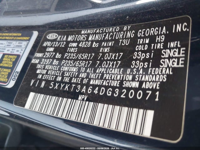 Продаж на аукціоні авто 2013 Kia Sorento Lx, vin: 5XYKT3A64DG320071, номер лоту: 45020222