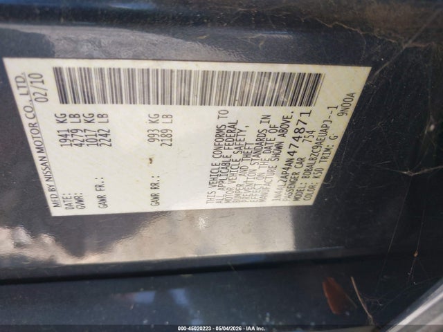 Aukcja sprzedaży 2010 Nissan Altima 2.5 S, vin: 1N4AL2AP4AN474871, numer aukcji: 45020223