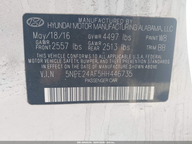 Aukcja sprzedaży 2017 Hyundai Sonata Se, vin: 5NPE24AF5HH446735, numer aukcji: 45020234