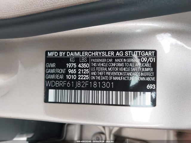 Продаж на аукціоні авто 2002 Mercedes-benz C 240, vin: WDBRF61J82F181301, номер лоту: 45020246