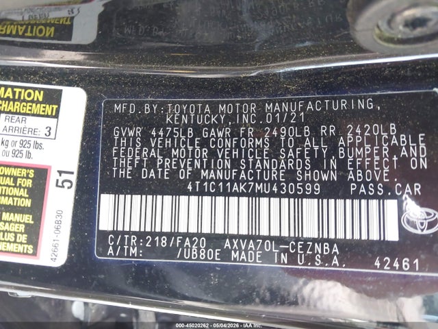 Продажа на аукционе авто 2021 Toyota Camry Le, vin: 4T1C11AK7MU430599, номер лота: 45020262