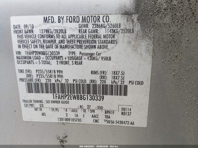 45020267 :رقم المزاد ، 1FAHP2EW8BG130339 vin ، 2011 Ford Taurus Sel مزاد بيع