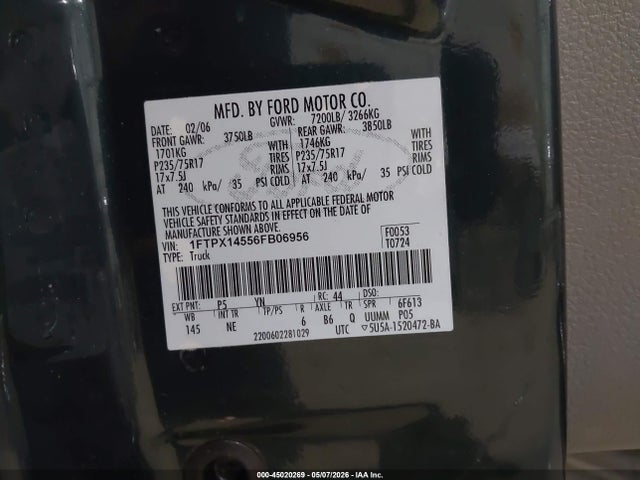 Aukcja sprzedaży 2006 Ford F-150 Fx4/lariat/xl/xlt, vin: 1FTPX14556FB06956, numer aukcji: 45020269