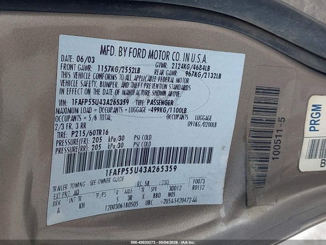 45020273 :رقم المزاد ، 1FAFP55U43A265359 vin ، 2003 Ford Taurus Ses مزاد بيع
