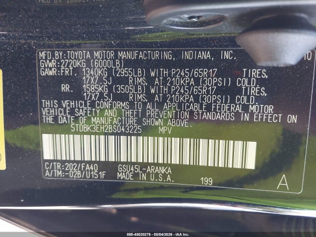 Aukcja sprzedaży 2011 Toyota Highlander Base V6, vin: 5TDBK3EH2BS043225, numer aukcji: 45020279