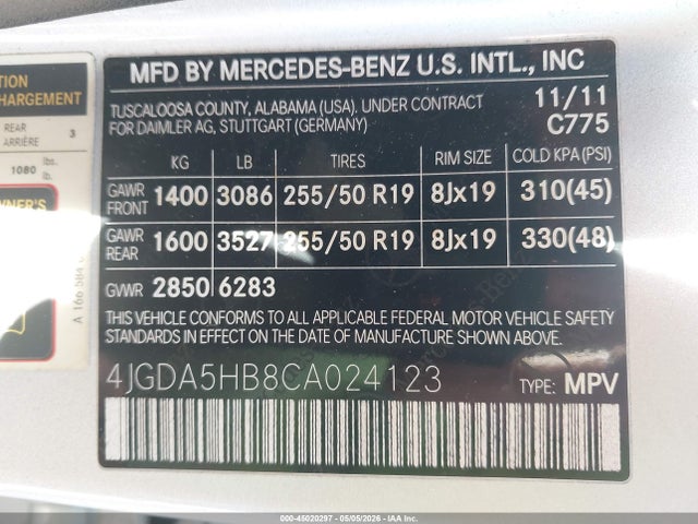 45020297 :رقم المزاد ، 4JGDA5HB8CA024123 vin ، 2012 Mercedes-benz Ml 350 4matic مزاد بيع