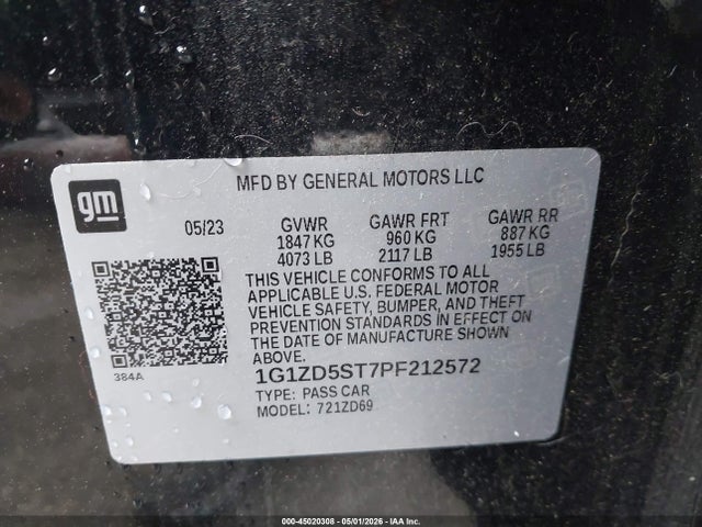 45020308 :رقم المزاد ، 1G1ZD5ST7PF212572 vin ، 2023 Chevrolet Malibu Fwd 1lt مزاد بيع