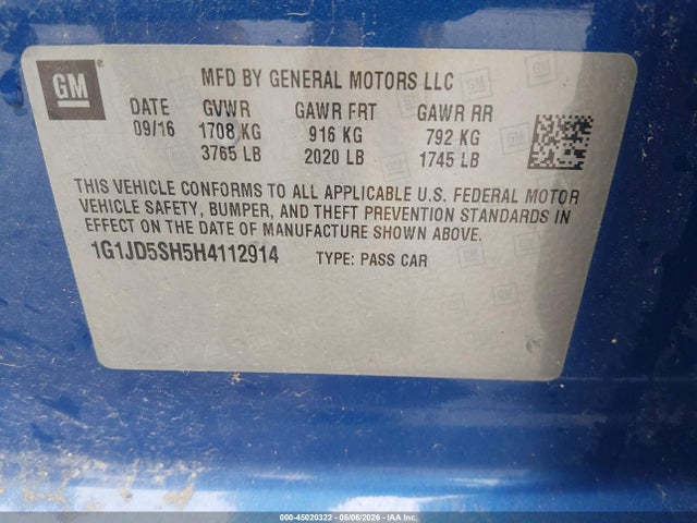 Продаж на аукціоні авто 2017 Chevrolet Sonic Lt Auto, vin: 1G1JD5SH5H4112914, номер лоту: 45020322