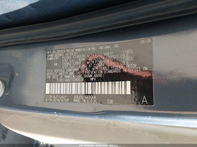 Продаж на аукціоні авто 2007 Toyota Sequoia Limited V8, vin: 5TDBT48A57S280039, номер лоту: 45020325