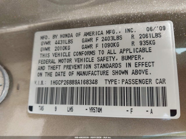 2009 Honda Accord 2.4 Ex-l მანქანა იყიდება აუქციონზე, vin: 1HGCP26889A168348, აუქციონის ნომერი: 45020339
