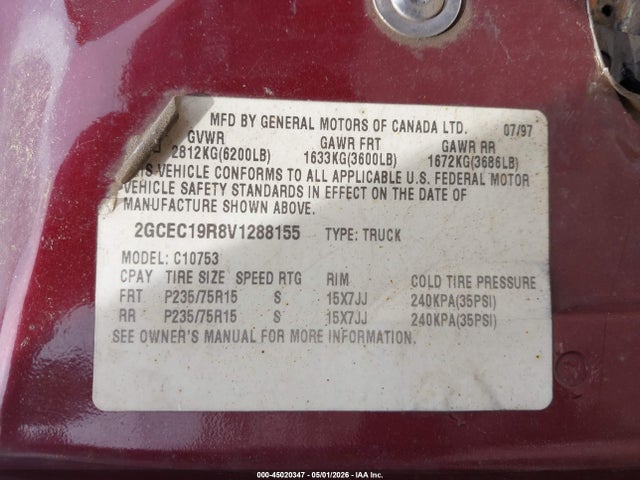Aukcja sprzedaży 1997 Chevrolet C1500 Fleetside, vin: 2GCEC19R8V1288155, numer aukcji: 45020347
