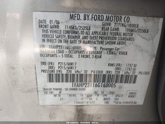 Продажа на аукционе авто 2006 Ford Five Hundred Se, vin: 1FAHP23116G160005, номер лота: 45020353