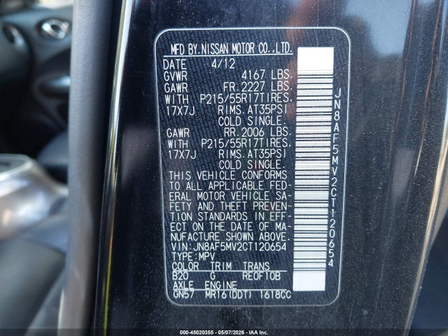 Aukcja sprzedaży 2012 Nissan Juke Sl, vin: JN8AF5MV2CT120654, numer aukcji: 45020355