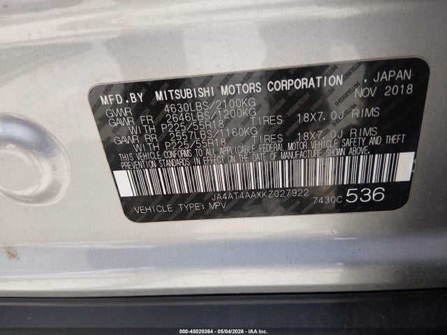 Продаж на аукціоні авто 2019 Mitsubishi Eclipse Cross Sp, vin: JA4AT4AAXKZ027922, номер лоту: 45020364