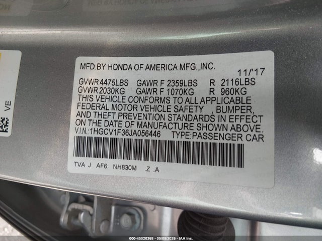 2018 Honda Accord Sport მანქანა იყიდება აუქციონზე, vin: 1HGCV1F36JA056446, აუქციონის ნომერი: 45020368