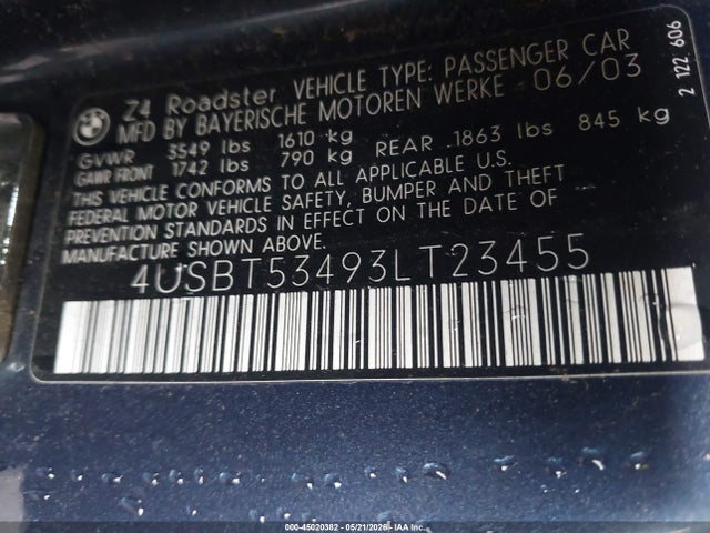 Продаж на аукціоні авто 2003 Bmw Z4 3.0i, vin: 4USBT53493LT23455, номер лоту: 45020382