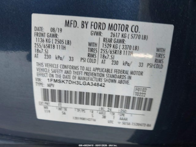 2020 Ford Explorer Xlt მანქანა იყიდება აუქციონზე, vin: 1FMSK7DH3LGA34842, აუქციონის ნომერი: 45020410