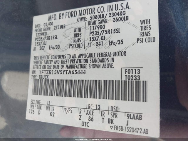 45020422 :رقم المزاد ، 1FTZR15V5YTA65444 vin ، 2000 Ford Ranger Xl/xlt مزاد بيع