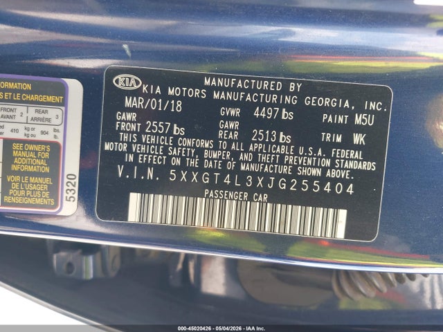 45020426 :رقم المزاد ، 5XXGT4L3XJG255404 vin ، 2018 Kia Optima S مزاد بيع