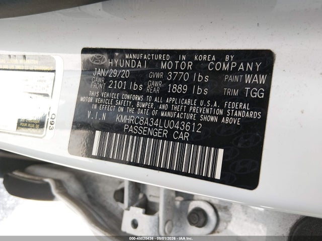 Продажа на аукционе авто 2020 Hyundai Venue Sel, vin: KMHRC8A34LU043612, номер лота: 45020436