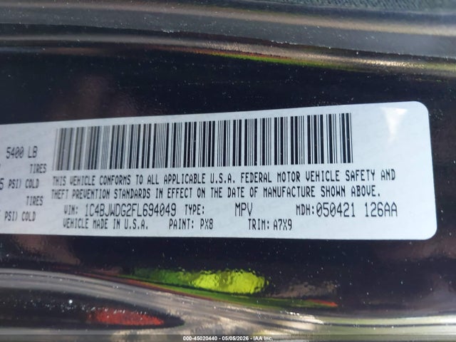 45020440 :رقم المزاد ، 1C4BJWDG2FL694049 vin ، 2015 Jeep Wrangler Unlimited Sport مزاد بيع
