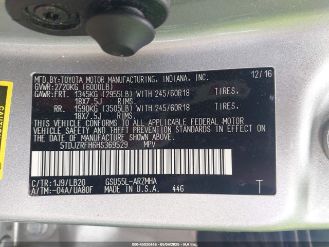 2017 Toyota Highlander Xle მანქანა იყიდება აუქციონზე, vin: 5TDJZRFH6HS369529, აუქციონის ნომერი: 45020446