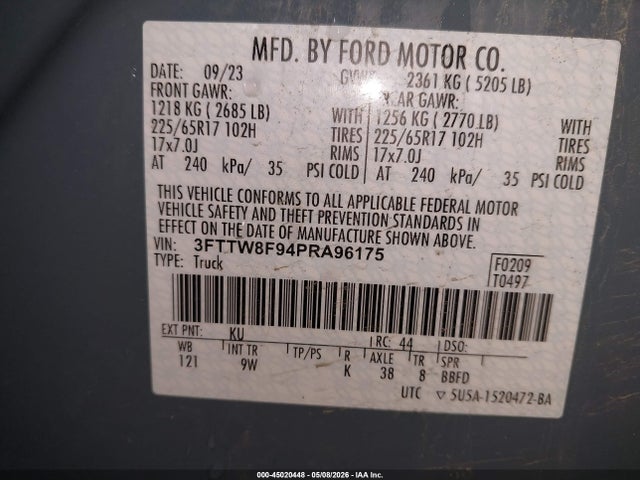 45020448 :رقم المزاد ، 3FTTW8F94PRA96175 vin ، 2023 Ford Maverick Xl مزاد بيع