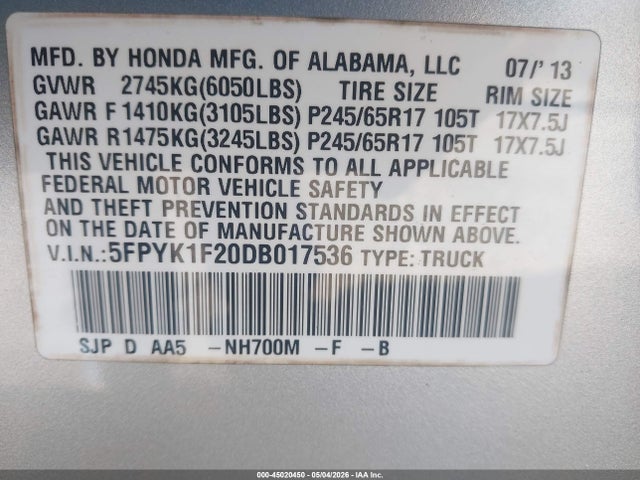 2013 Honda Ridgeline Rt მანქანა იყიდება აუქციონზე, vin: 5FPYK1F20DB017536, აუქციონის ნომერი: 45020450