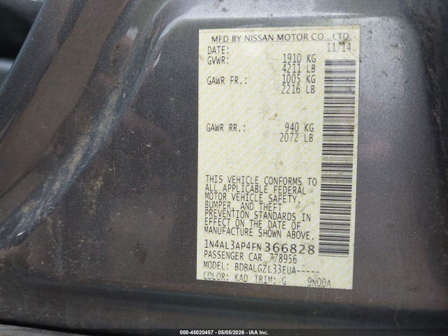 Aukcja sprzedaży 2015 Nissan Altima 2.5 S, vin: 1N4AL3AP4FN366828, numer aukcji: 45020457