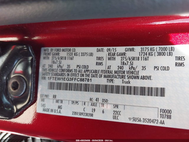 Aukcja sprzedaży 2015 Ford F-150 Xlt, vin: 1FTEW1EG3FFC88781, numer aukcji: 45020456