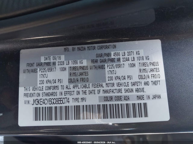 Aukcja sprzedaży 2016 Mazda Cx-5 Touring, vin: JM3KE4CY6G0865074, numer aukcji: 45020461