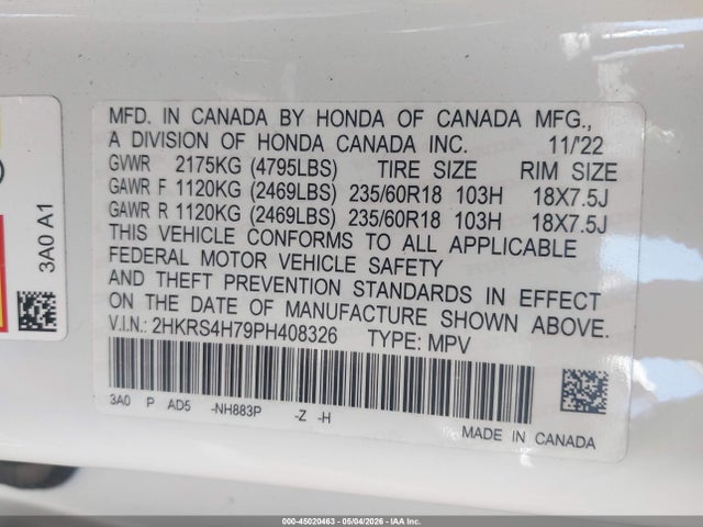 Aukcja sprzedaży 2023 Honda Cr-v Ex-l Awd, vin: 2HKRS4H79PH408326, numer aukcji: 45020463
