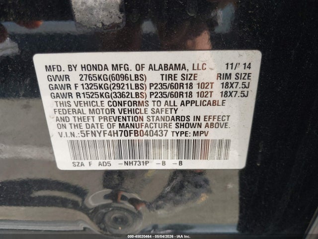 Aukcja sprzedaży 2015 Honda Pilot Ex-l, vin: 5FNYF4H70FB040437, numer aukcji: 45020464