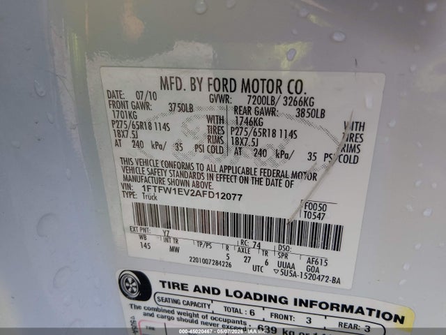 Aukcja sprzedaży 2010 Ford F-150 Fx4/harley-davidson/king Ranch/lariat/platinum/xl/xlt, vin: 1FTFW1EV2AFD12077, numer aukcji: 45020467