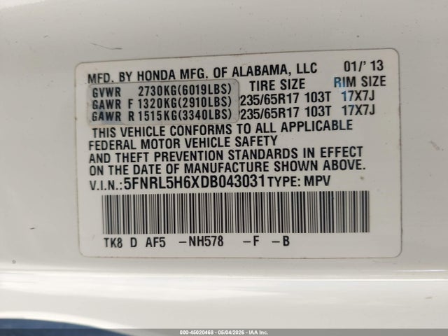 2013 Honda Odyssey Ex-l მანქანა იყიდება აუქციონზე, vin: 5FNRL5H6XDB043031, აუქციონის ნომერი: 45020468