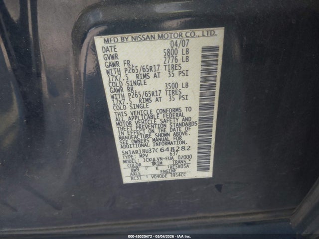 Aukcja sprzedaży 2007 Nissan Pathfinder Le, vin: 5N1AR18U37C648282, numer aukcji: 45020472