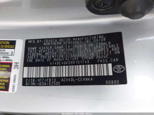 2009 Toyota Camry Le მანქანა იყიდება აუქციონზე, vin: 4T4BE46K09R101749, აუქციონის ნომერი: 45020475