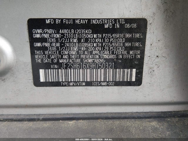 Aukcja sprzedaży 2009 Subaru Forester 2.5x, vin: JF2SH616X9H750321, numer aukcji: 45020501