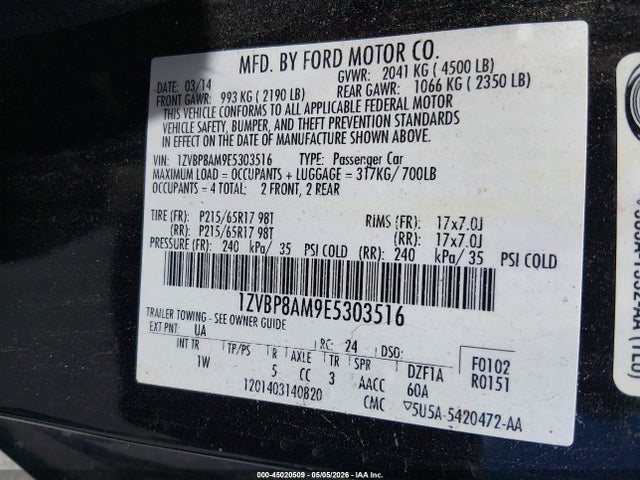 Aukcja sprzedaży 2014 Ford Mustang V6, vin: 1ZVBP8AM9E5303516, numer aukcji: 45020509