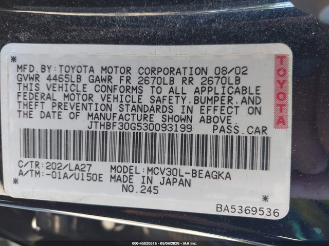 2003 Lexus Es 300 მანქანა იყიდება აუქციონზე, vin: JTHBF30G530093199, აუქციონის ნომერი: 45020516