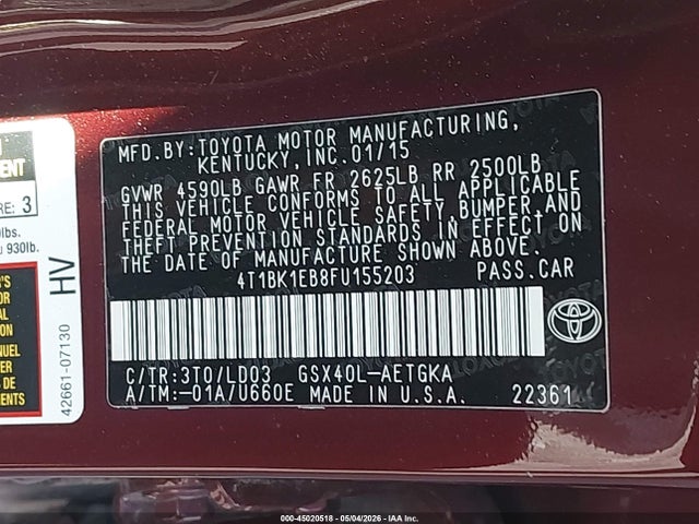 Продажа на аукционе авто 2015 Toyota Avalon Xle, vin: 4T1BK1EB8FU155203, номер лота: 45020518