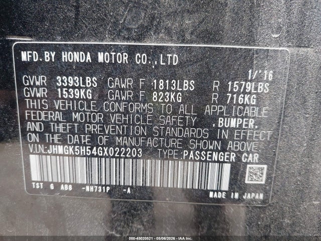 Продажа на аукционе авто 2016 Honda Fit Lx, vin: JHMGK5H54GX022203, номер лота: 45020521