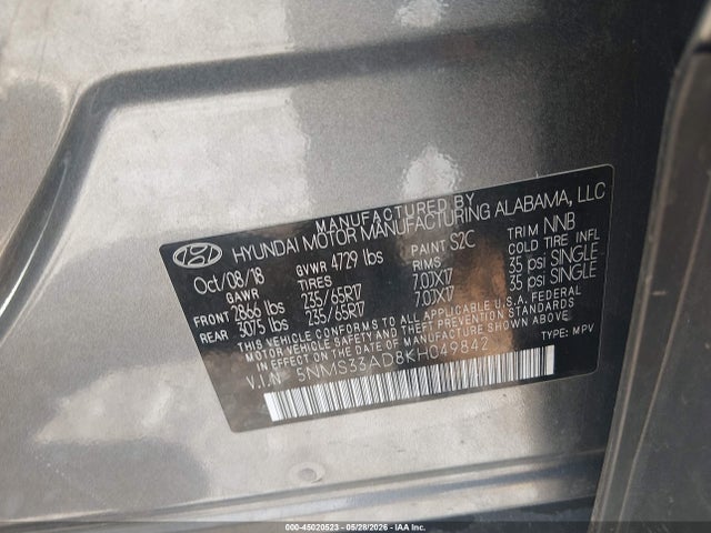 45020523 :رقم المزاد ، 5NMS33AD8KH049842 vin ، 2019 Hyundai Santa Fe Sel مزاد بيع